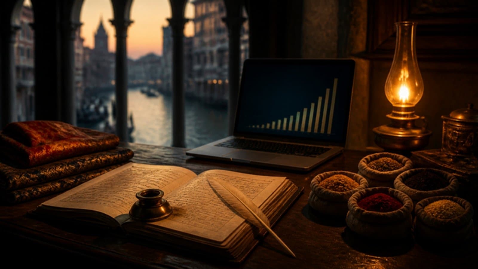 Scrivania di un mercante veneziano al tramonto con registro, spezie e un laptop che mostra un grafico delle vendite in crescita