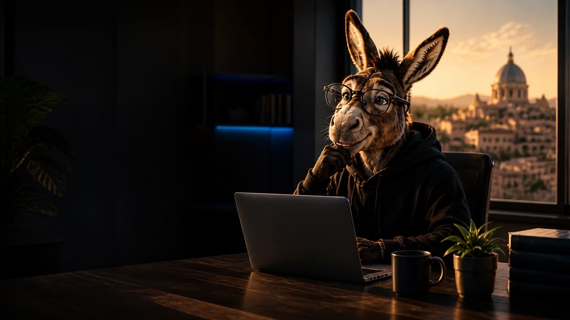 La mascotte Penzai, un asino con occhiali e felpa nera, riflette davanti al portatile in un ufficio al tramonto