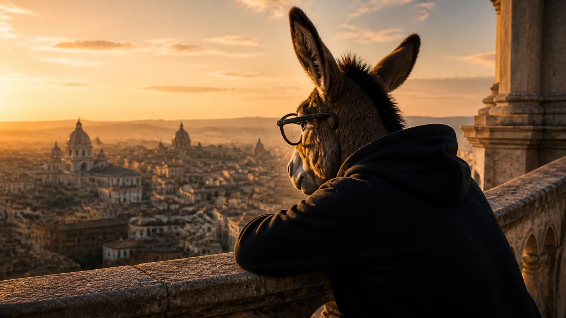 La mascotte Penzai di spalle osserva una città italiana al tramonto
